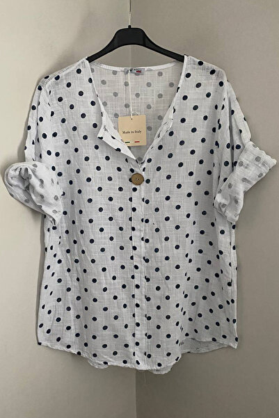 AYASOFYA OTANTIK Women's Italian White Polka Dot Patterned Button Detailed 3/...