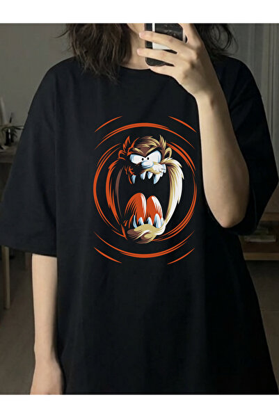 Savnera Tazmanya Canavarı Circle Baskılı Oversize Unisex Pamuklu Siyah T-shirt