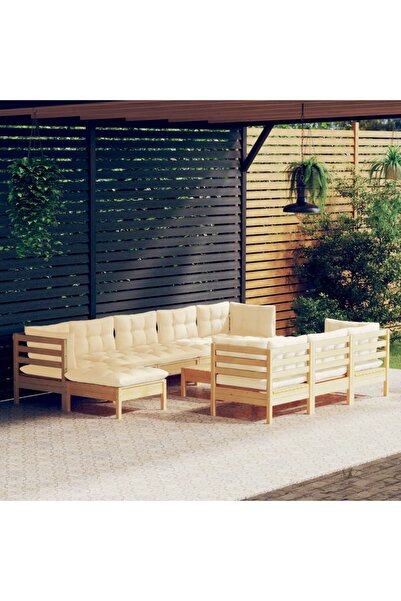Concept Σετ επίπλων κήπου με κρεμ μαξιλάρια, 11 τεμάχια, μασίφ ξύλο πεύκου