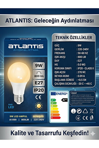 ÖZEMEK ATLANTİS 9W LED AMPUL GÜNIŞIĞI 3500K E27 800 LÜMEN 1.SINIF
