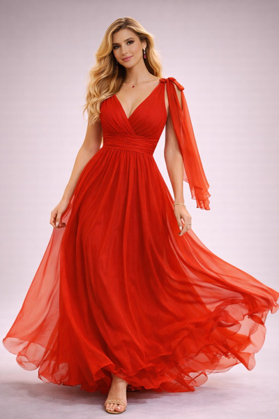 VALERIA Kadın Şifon Abiye Elbise Uzun Gece Elbisesi Omuz Detaylı Kırmızı Siya...