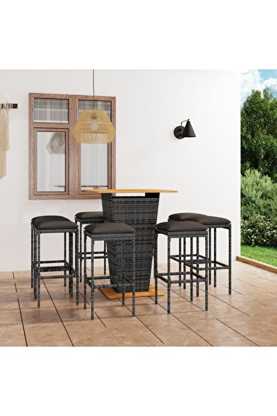 Concept Σετ επίπλων μπαρ κήπου με μαξιλάρια, 9 τεμάχια, γκρι, πολυεστέρας ρατάν