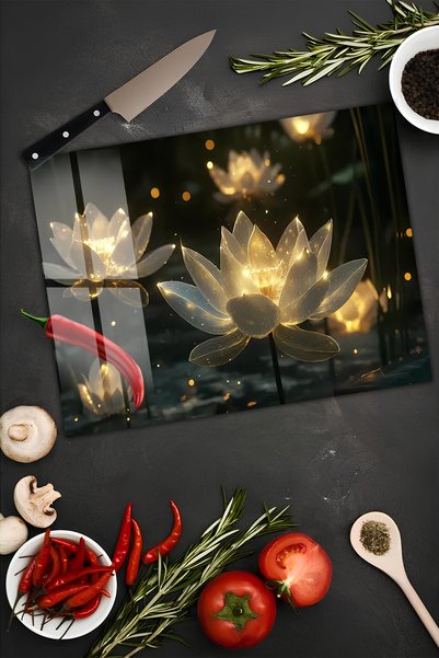 kutuTR Golden Sparkling Lotus Flower Patterned Tempered Glass Cutting Board 30X40 cm Size Uv Printing - Bckt005