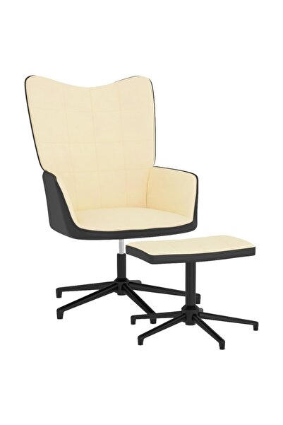 Concept Πολυθρόνα με σκαμπό, κρεμ λευκό, Βελούδο και PVC