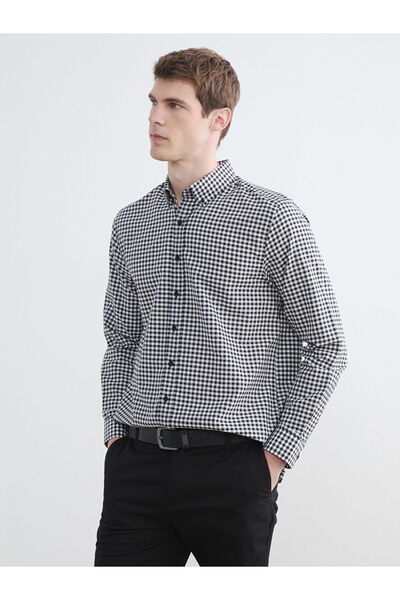 LC Waikiki Μαύρο ανδρικό πουκάμισο με καρό σχέδιο στάνταρ