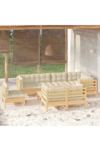 Concept Set mobilier grădină cu perne crem, 9 piese, lemn masiv de pin