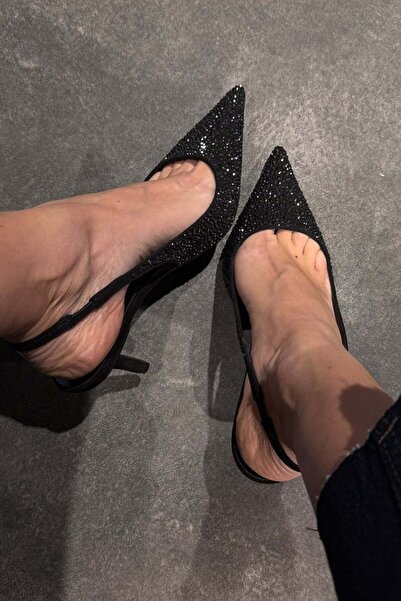 5in1Canpolat Black Stone Pointed Toe Slingback 26014