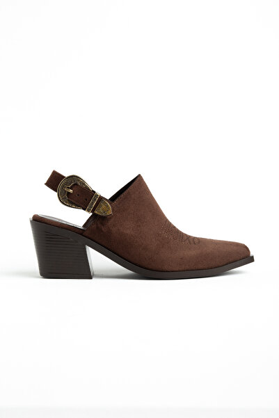 DENORA Brown Matte Suede Buckled Embroidered Closed Front Open Back Western C...