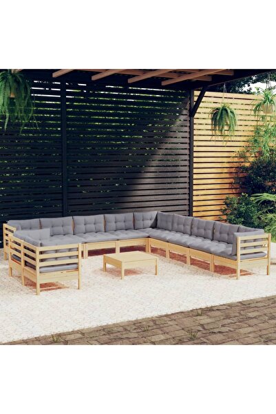 Concept Σετ επίπλων κήπου με μαξιλάρια, 12 τεμάχια, γκρι, μασίφ ξύλο πεύκου