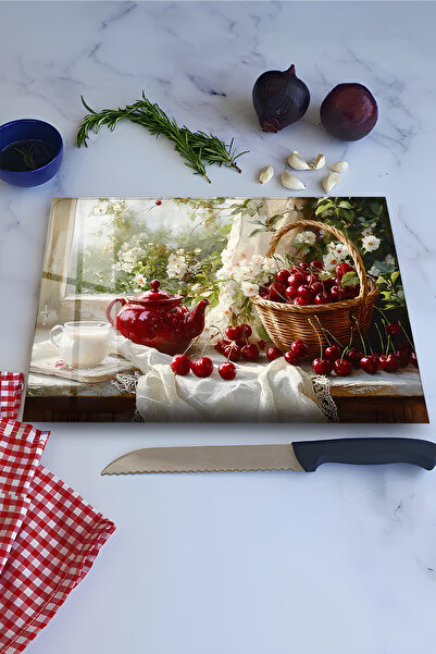 kutuTR Kiraz Sepeti ve Çaydanlık Temalı Temperli Cam Kesme Tahtası 30X40 cm E...