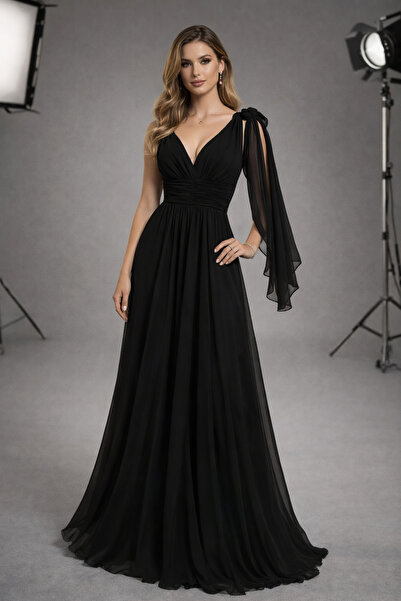 VALERIA Kadın Şifon Abiye Elbise Uzun Gece Elbisesi Omuz Detaylı Kırmızı Siya...