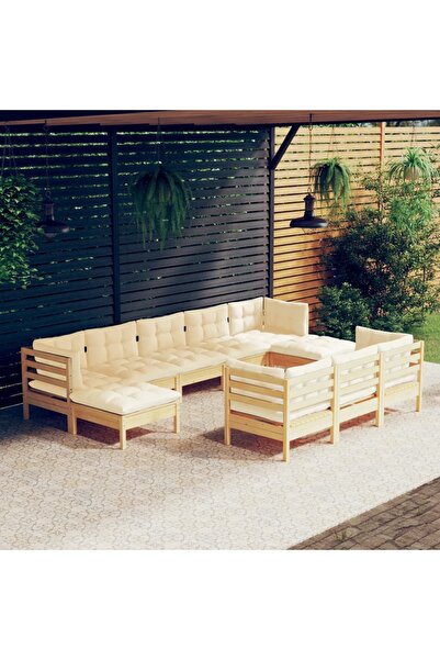 Concept Σετ επίπλων κήπου με κρεμ μαξιλάρια, 10 τεμάχια, μασίφ ξύλο πεύκου