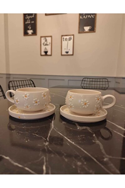 MUTLULUK KAPINDA El yapımı papatya deseni 4 parça 2 kişilik çay fincanı takımı