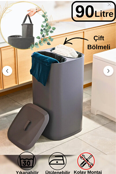 MissClean Büyük Boy Katlanabilir Kirli Sepeti 90 LİTRE 2 Bölmeli Kirli Çamaşı...