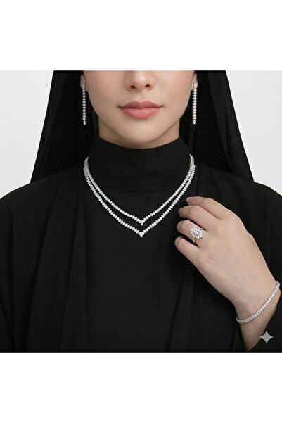 Generic Silver Tone Double-Layer Necklace Jewelry Set – Earrings, Ring & Brac...