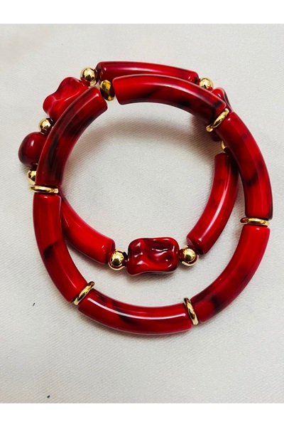 COCOSH TAKI Red Beaded Gold Detailed Multi-Combination Double Stretchy Bracelet