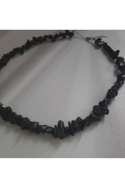 Shine Elagance Natural Stone Obsidian Broken Cut Closures Steel Women's Neckl...