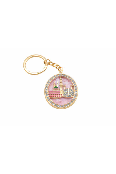 EFEAKS Kaaba & Prophet's Mosque Oval Design with Stones Keychain Gold Pink