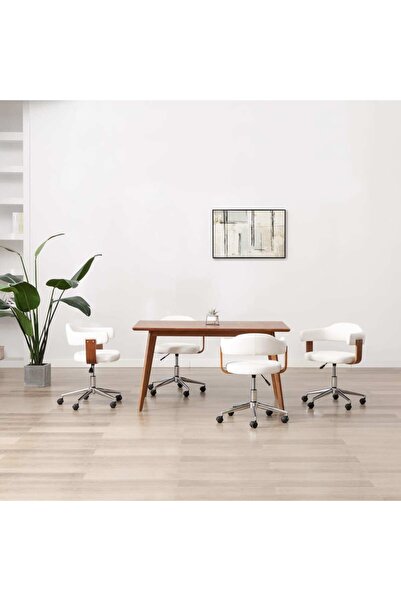 Concept Scaune pivotante de masă, 4 buc., alb, lemn curbat & piele