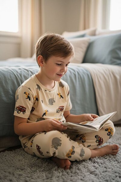 SERRASTIL Boy's Cream Color Car D Patterned Pa Cotton Sü Single Jersey Umaş S...