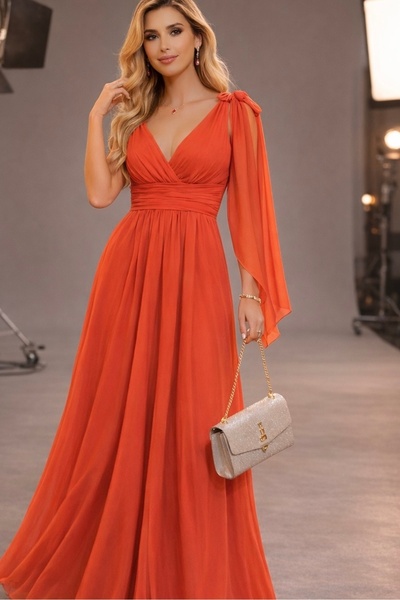 VALERIA Kadın Şifon Abiye Elbise Uzun Gece Elbisesi Omuz Detaylı Kırmızı Siya...