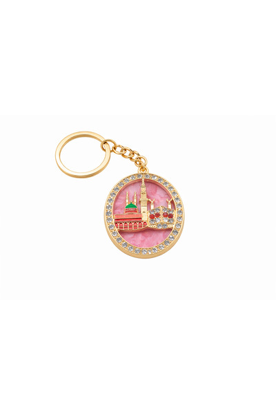 EFEAKS Kaaba & Prophet's Mosque Oval Design with Stones Keychain Gold Fuchsia