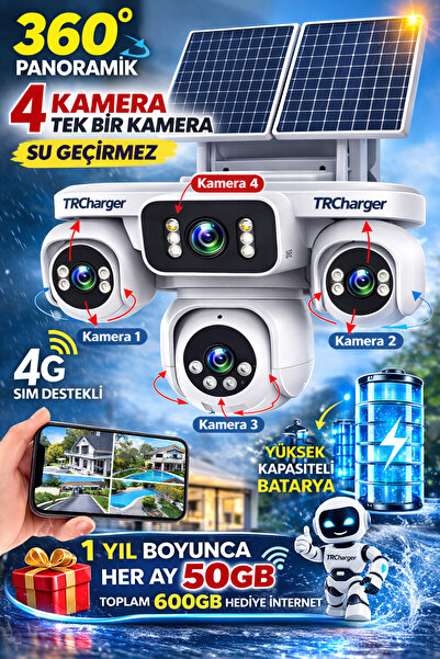 TRCharger 4 Kameralı 4G SIM Kartlı Güneş Enerjili Güvenlik | 2Solar Panel | 20.000mAh Batarya | AOV 7/24 Kayıt