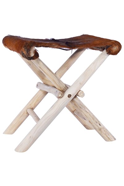 Concept Taburet pliant, piele naturală și lemn masiv de tec