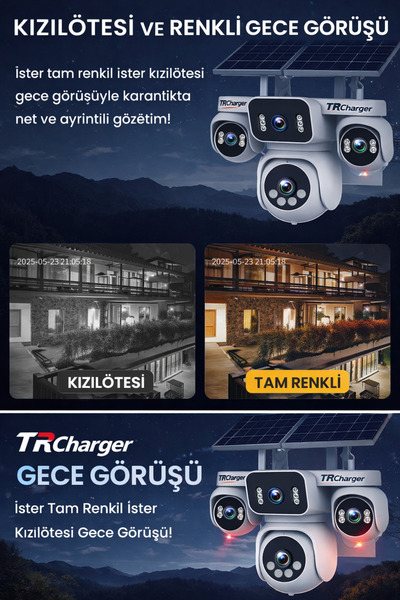 TRCharger 4 Kameralı 4G SIM Kartlı Güneş Enerjili Güvenlik | 2Solar Panel | 20.000mAh Batarya | AOV 7/24 Kayıt