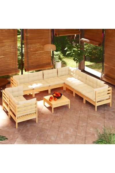 Concept Σετ επίπλων κήπου με κρεμ μαξιλάρια, 10 τεμάχια, μασίφ ξύλο πεύκου