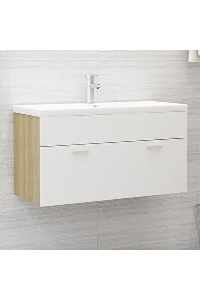 Concept Ντουλάπι νιπτήρα, λευκό και δρυς Sonoma, 90x38,5x46 cm, μοριοσανίδα