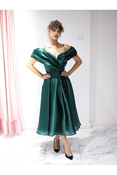 Angy Fashion “Emerald Elegance” Dress – emerald green satin, midi length with...