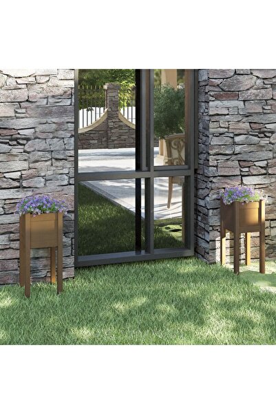 Concept Γλάστρες κήπου 2 τεμ. καφέ-μελί 31x31x70 εκ. από μασίφ ξύλο πεύκου