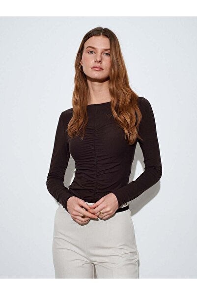 Dilvin 32600 Ruched Kayık Yaka Top Dark Brown
