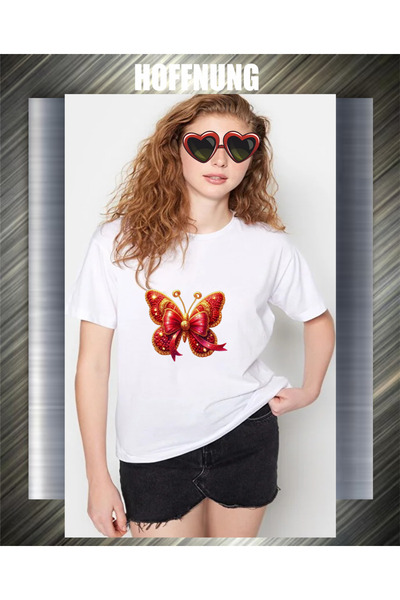 HOFFNUNG Unisex Short Sleeve Round Neck Red Butterfly Printed Solid Color Tshirt