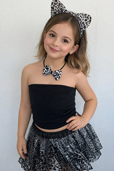 shop Set cu aripi/fustă/papion cu imprimeu leopard de culoare neagră