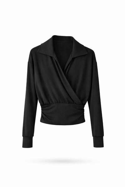 5in1Canpolat Black Polo Collar Double-Breasted Blouse 17483