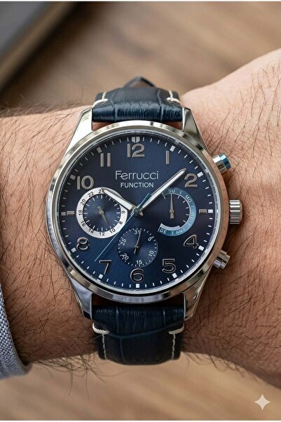Ferrucci Kasa Men's Wristwatch |   44mm Steel Case, Navy Blue Leather Strap, ...