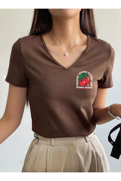 SUNFREE Cherry B Printed V-Neck P Cotton U Short Sleeve Women's Tshirt