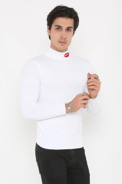 FREEDOM STOREE Men's Half Turtleneck Sweater Kiss Printed Woven Knitwear - White