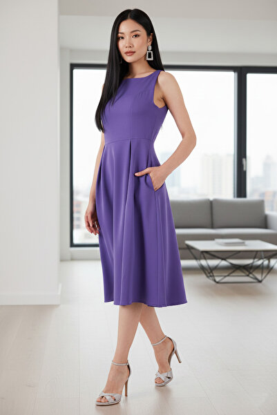 Lela Regular Fit Crew Neck Pleated Midi Length Evening Dress with Pockets Dre...