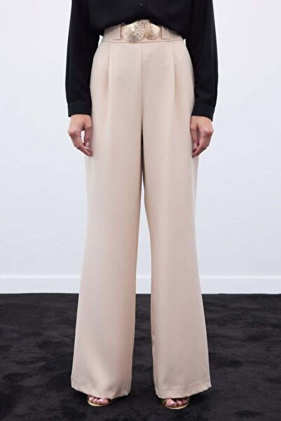 Kokoşum Butik 5549 Buckle Detail Trousers Beige