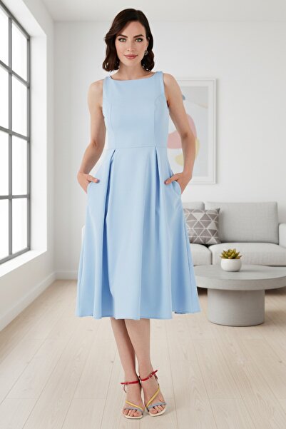 Lela Regular Fit Crew Neck Pleated Midi Length Evening Dress with Pockets Dre...