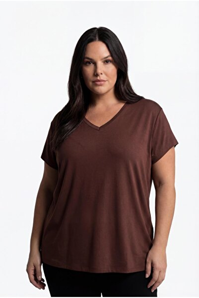 Ebsumu Women's Plus Size V-Neck Basic Short Sleeve Dark Coffee T-Shirt, Size ...