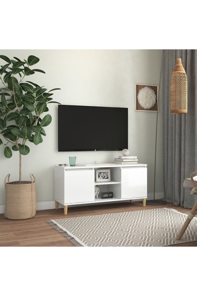 Concept Comodă TV & picioare lemn masiv alb extralucios 103,5x35x50 cm