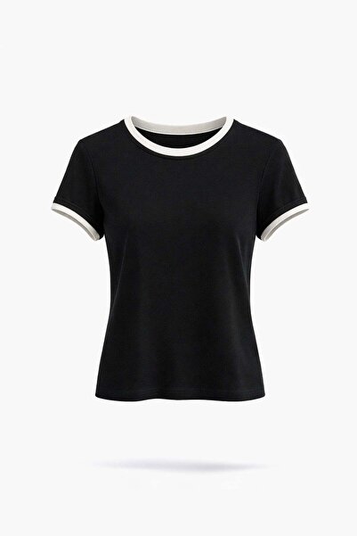 5in1Canpolat Black Contrast Striped Basic T-Shirt 11046