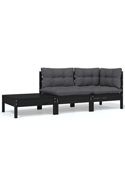 Concept Σετ επίπλων κήπου με μαξιλάρια, 3 τεμάχια, μαύρο, μασίφ ξύλο πεύκου