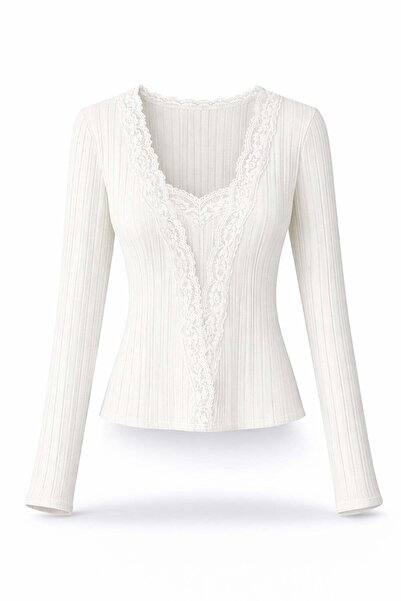5in1Canpolat White Front Tie-Detail Lace Pack Blouse 17489