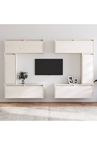 Concept Comode TV, 6 buc., alb, lemn masiv de pin