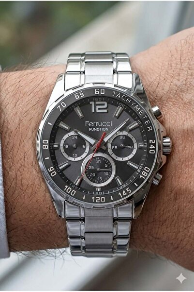 Ferrucci Function Men's Wristwatch |   44mm Steel Case, Silver Steel Band, Bl...